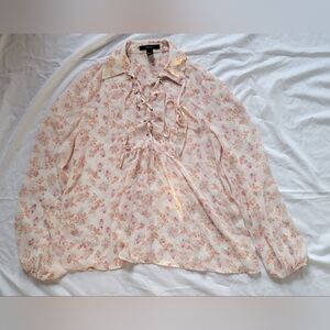 Forever 21 Cream and Pink Floral Lace-Up Blouse